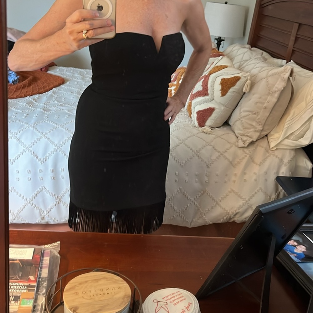 Black strapless Aiden by Aiden Mattox mini with fringe size 6